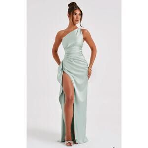 Babyboo ariel sage green one shoulder satin maxi dress - size medium